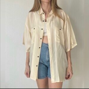 Era Vintage 90s Button-Front Short Sleeve Silk Cream Blouse Women’s Size L